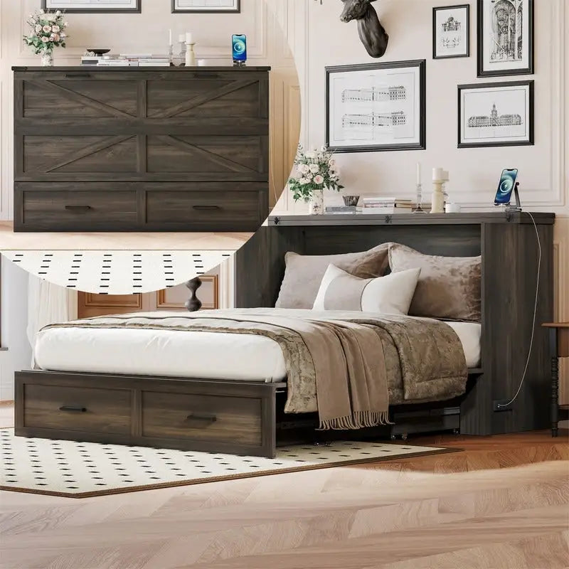 Cama abatible tipo Murphy con gabinete, cajón y estación de carga, tamaño matrimonial o queen