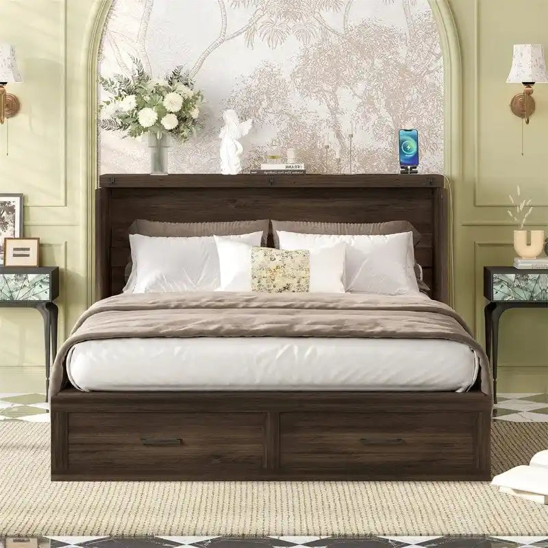 Cama abatible tipo Murphy con gabinete, cajón y estación de carga, tamaño matrimonial o queen