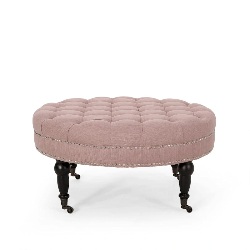 Contemporary Round Ottoman with Rolling Casters and Button Tufted Upholstery