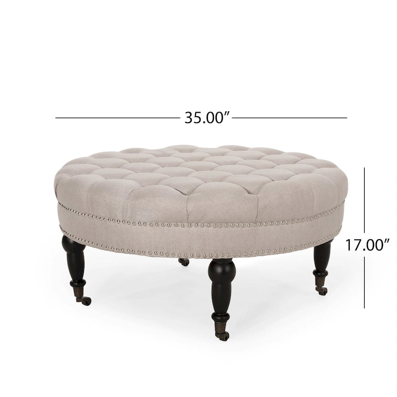 Contemporary Round Ottoman with Rolling Casters and Button Tufted Upholstery