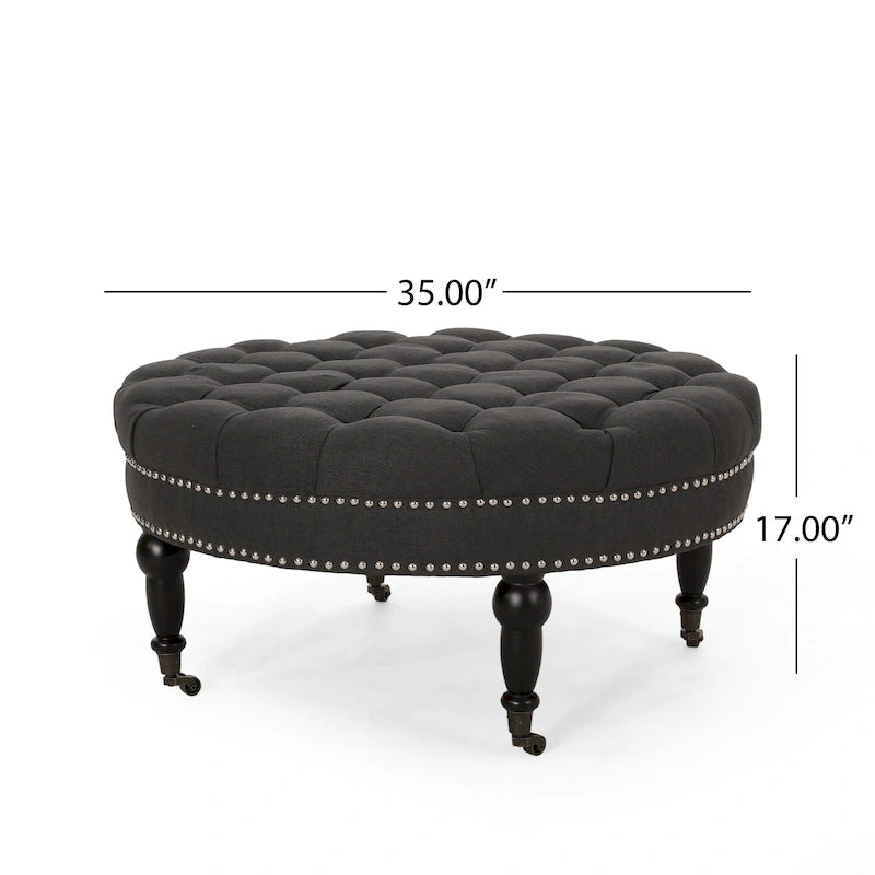 Contemporary Round Ottoman with Rolling Casters and Button Tufted Upholstery