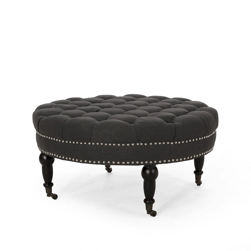 Contemporary Round Ottoman with Rolling Casters and Button Tufted Upholstery