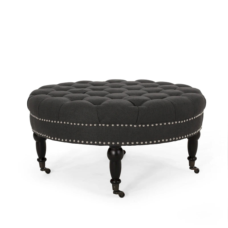 Contemporary Round Ottoman with Rolling Casters and Button Tufted Upholstery