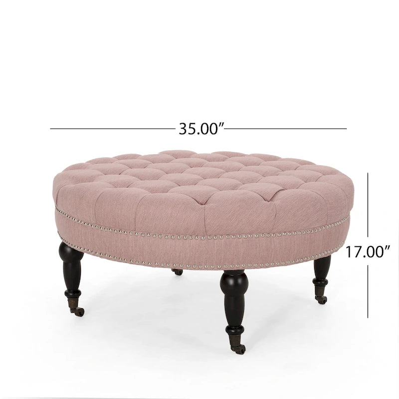Contemporary Round Ottoman with Rolling Casters and Button Tufted Upholstery