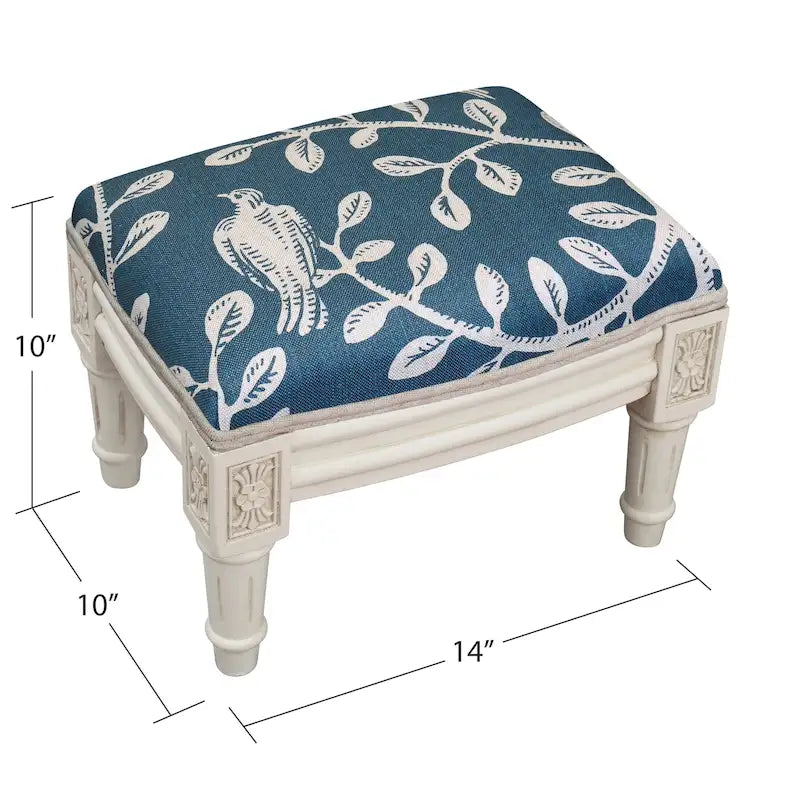 Repose-pieds blanc rembourré bleu marine avec motifs de vignes