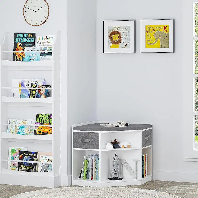 Banco esquinero para rincón de lectura con almacenamiento, armario esquinero con 3 compartimentos para sala, dormitorio, blanco
