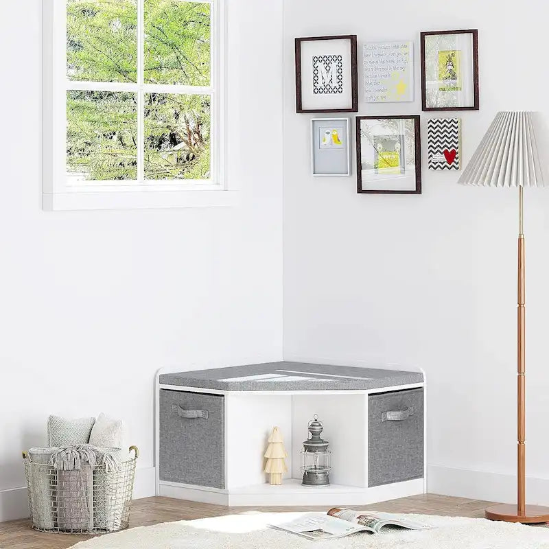 Panca angolare per angolo lettura con contenitore, mobiletto angolare con 3 vani per soggiorno e camera da letto, bianco