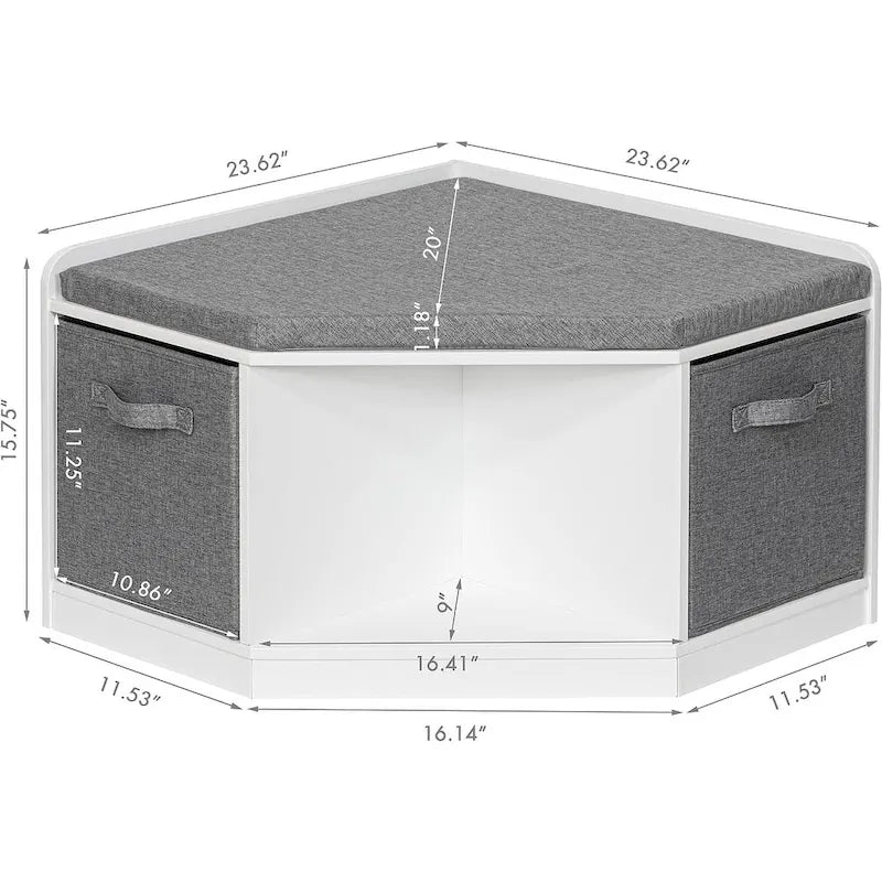 Panca angolare per angolo lettura con contenitore, mobiletto angolare con 3 vani per soggiorno e camera da letto, bianco