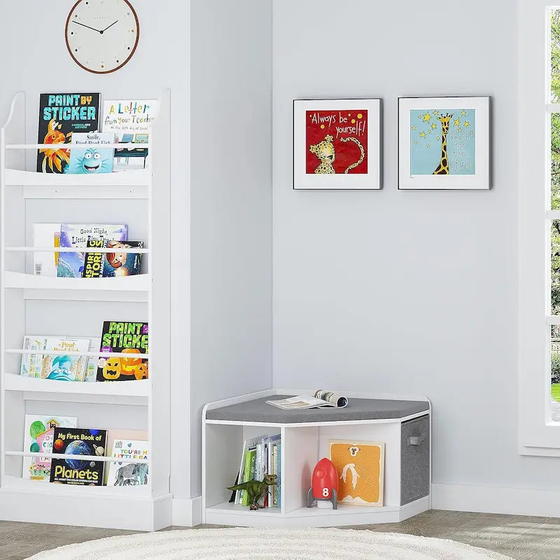 Panca angolare per angolo lettura con contenitore, mobiletto angolare con 3 vani per soggiorno e camera da letto, bianco