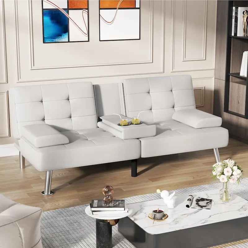 Sofá cama futón convertible, sofá tipo lounge con portavasos y almohadas