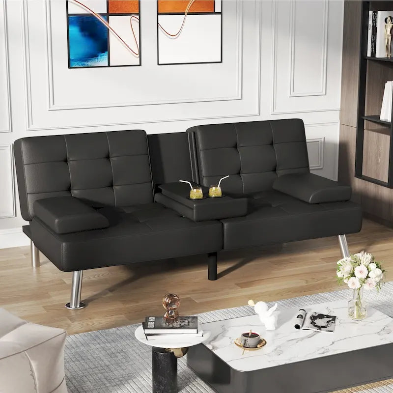 Futon Sofa Bed Convertible Lounge Couch with Cupholders and Pillows