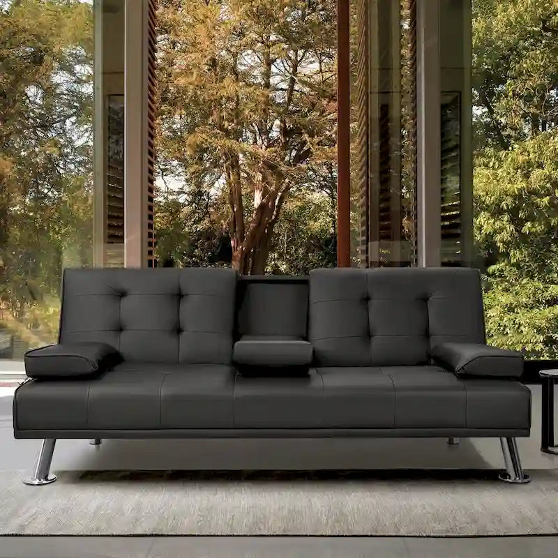 Futon Sofa Bed Convertible Lounge Couch with Cupholders and Pillows