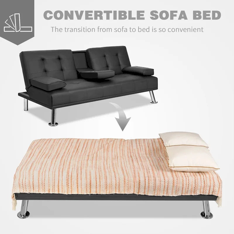 Sofá cama futón convertible, sofá tipo lounge con portavasos y almohadas