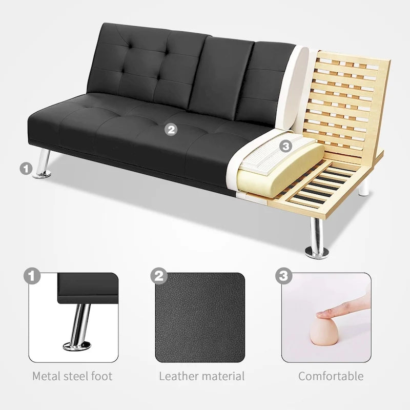 Futon Sofa Bed Convertible Lounge Couch with Cupholders and Pillows