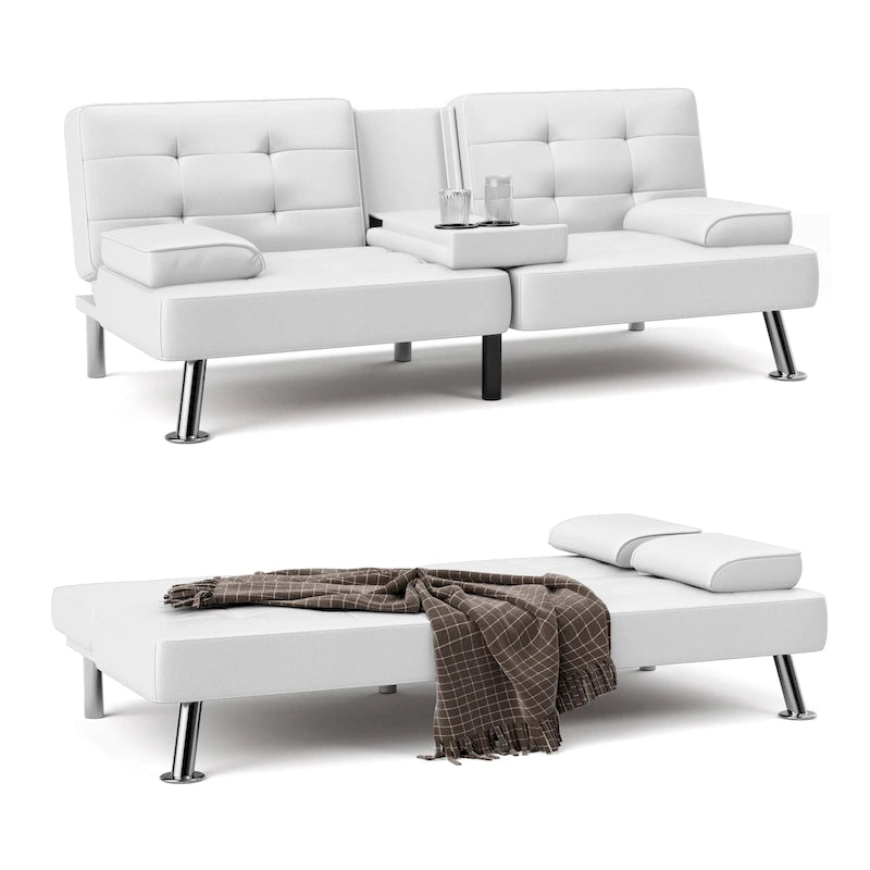 Sofá cama futón convertible, sofá tipo lounge con portavasos y almohadas