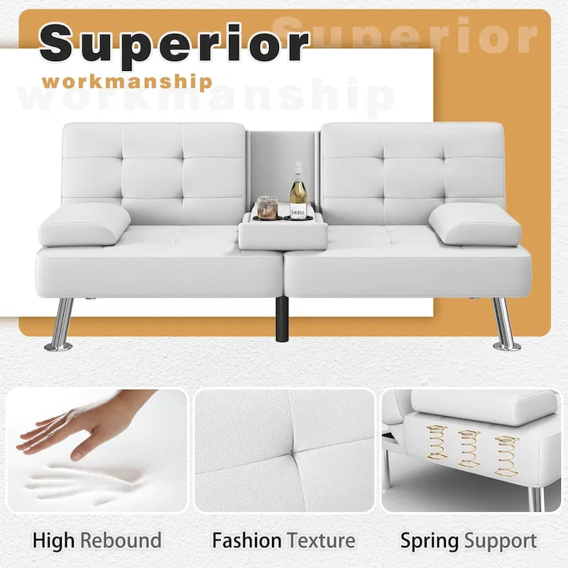 Sofá cama futón convertible, sofá tipo lounge con portavasos y almohadas