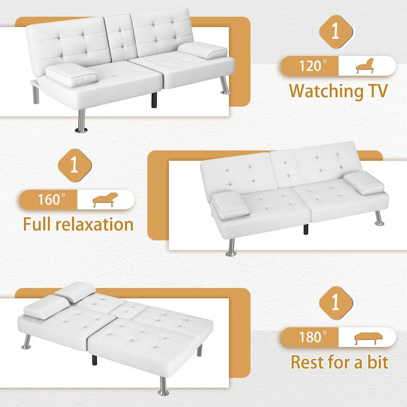 Sofá cama futón convertible, sofá tipo lounge con portavasos y almohadas