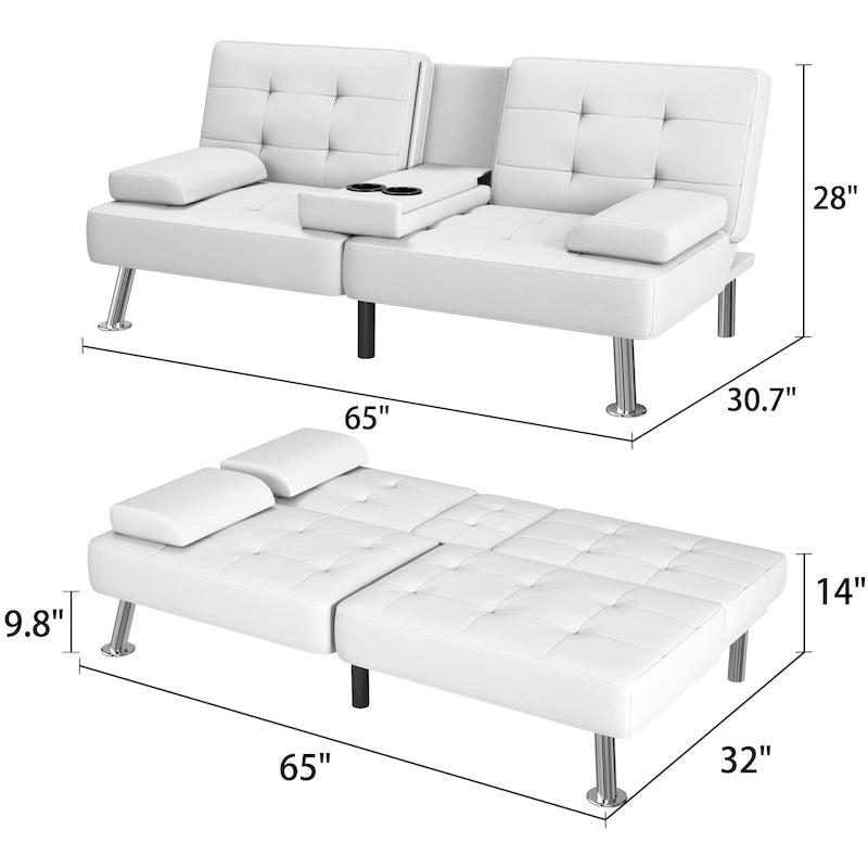 Sofá cama futón convertible, sofá tipo lounge con portavasos y almohadas