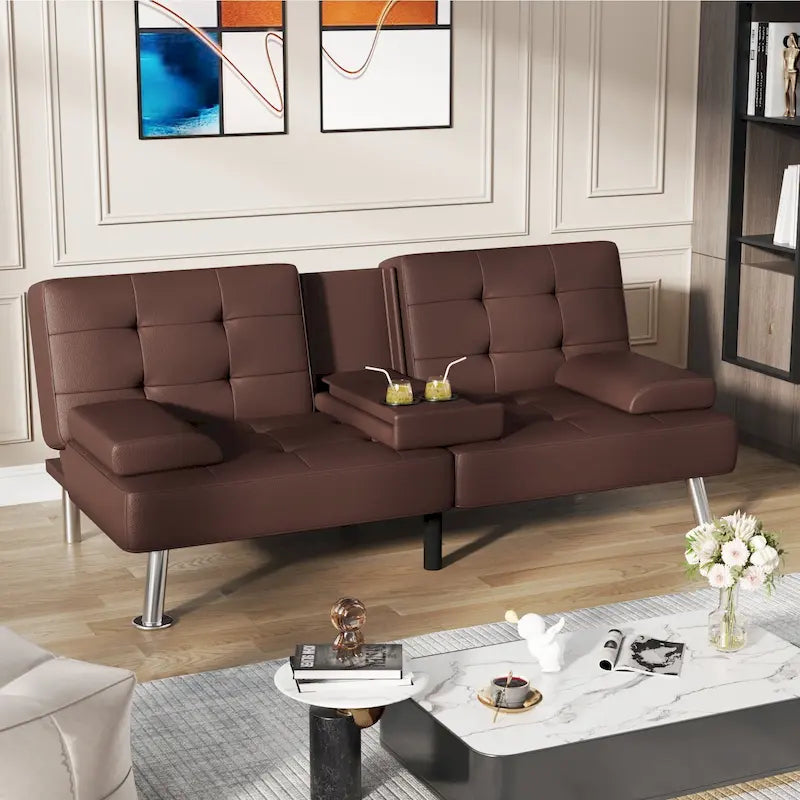 Sofá cama futón convertible, sofá tipo lounge con portavasos y almohadas