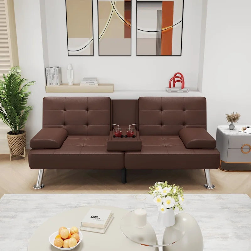 Sofá cama futón convertible, sofá tipo lounge con portavasos y almohadas