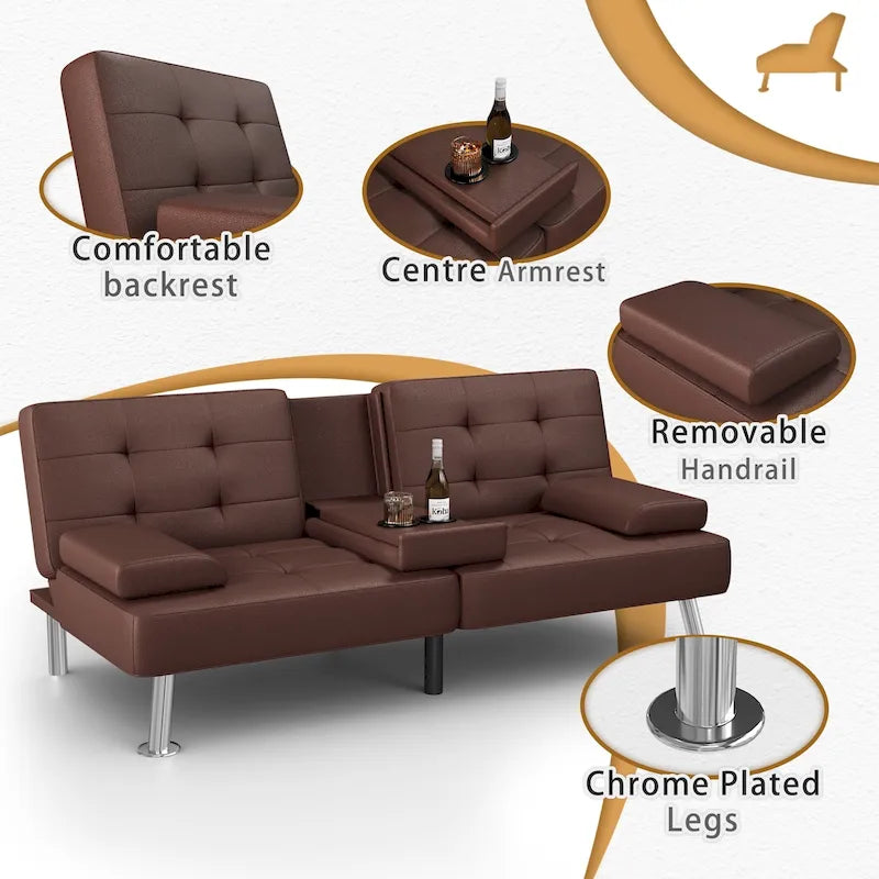 Sofá cama futón convertible, sofá tipo lounge con portavasos y almohadas