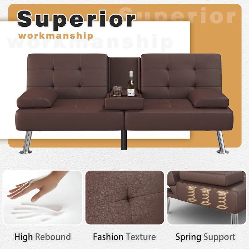 Sofá cama futón convertible, sofá tipo lounge con portavasos y almohadas