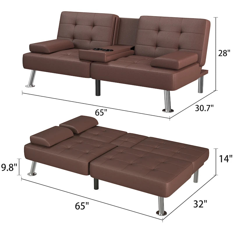 Sofá cama futón convertible, sofá tipo lounge con portavasos y almohadas