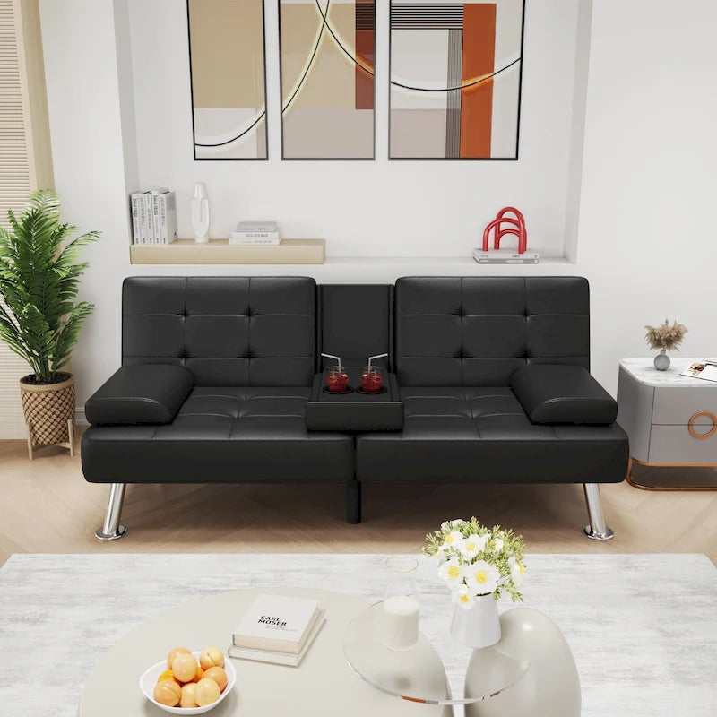 Sofá cama futón convertible, sofá tipo lounge con portavasos y almohadas