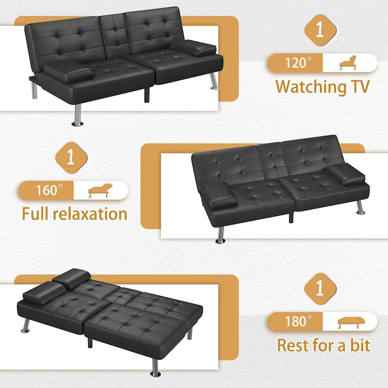 Sofá cama futón convertible, sofá tipo lounge con portavasos y almohadas