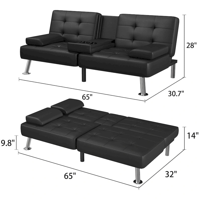 Sofá cama futón convertible, sofá tipo lounge con portavasos y almohadas