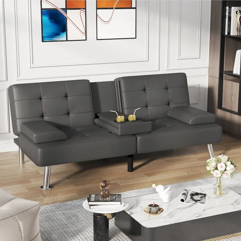 Sofá cama futón convertible, sofá tipo lounge con portavasos y almohadas