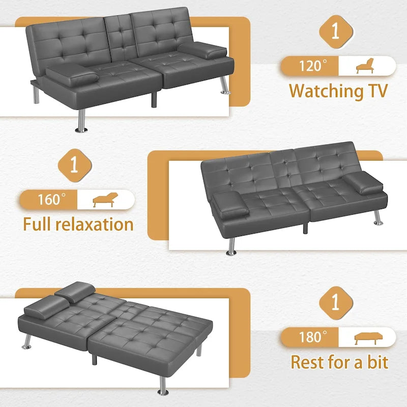 Sofá cama futón convertible, sofá tipo lounge con portavasos y almohadas