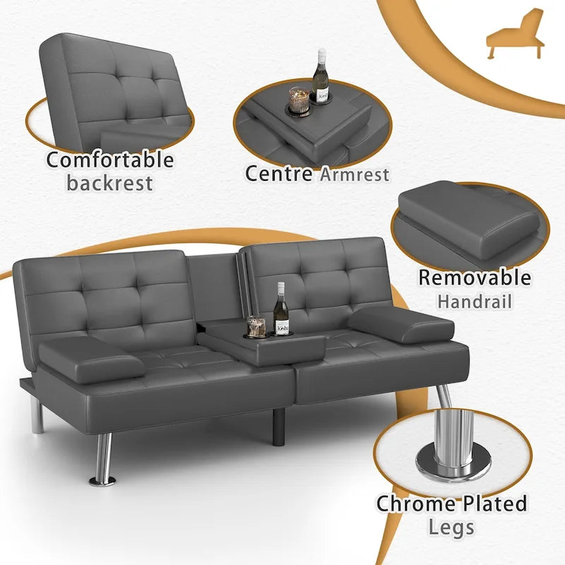 Sofá cama futón convertible, sofá tipo lounge con portavasos y almohadas