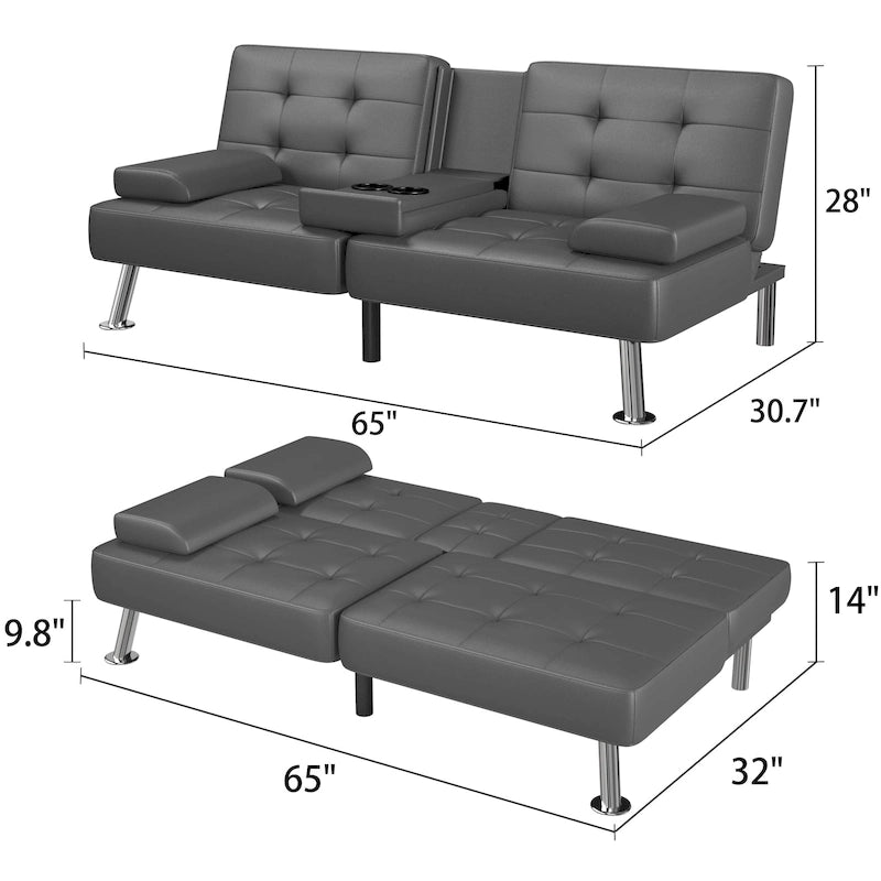 Sofá cama futón convertible, sofá tipo lounge con portavasos y almohadas