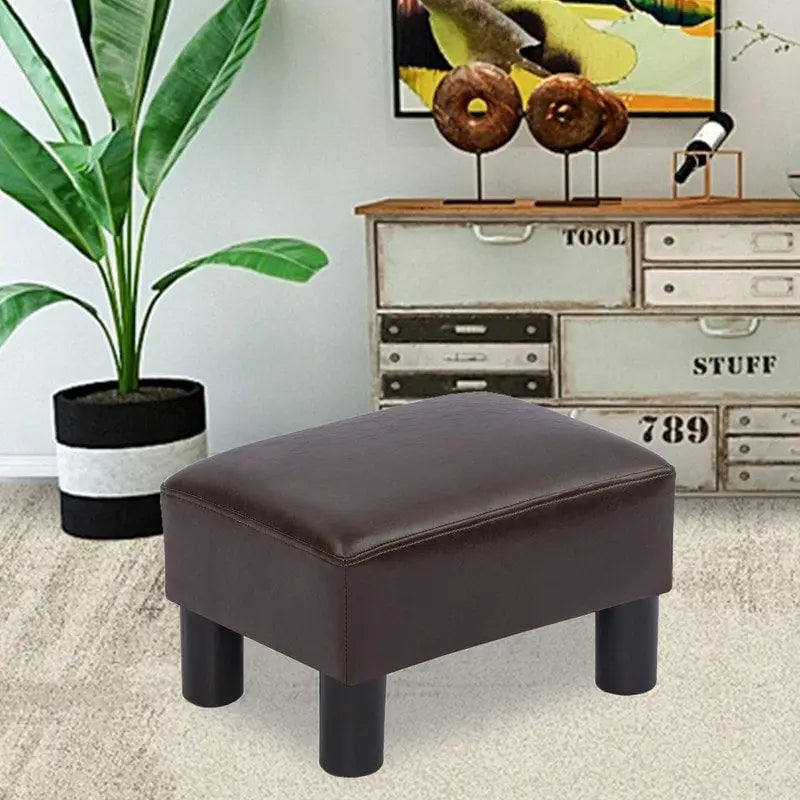 Puf rectangular pequeño de cuero PU, reposapiés con almacenamiento