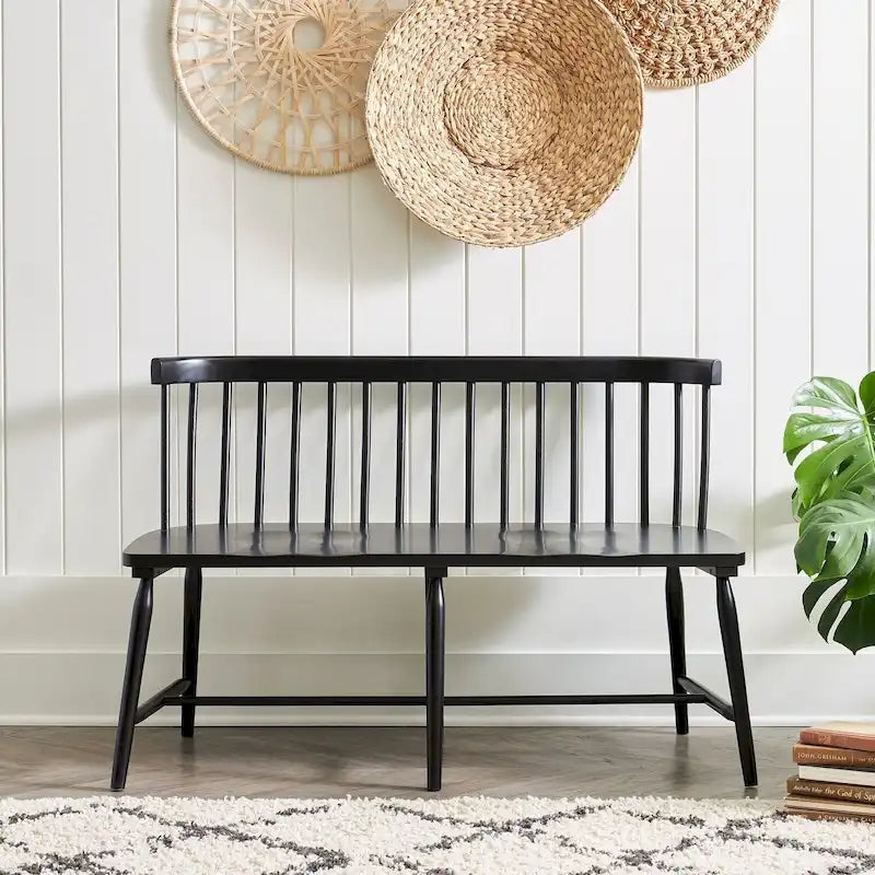 Spindle Back Dining Bench Farmhouse Style Saddle Seat Solid Wood