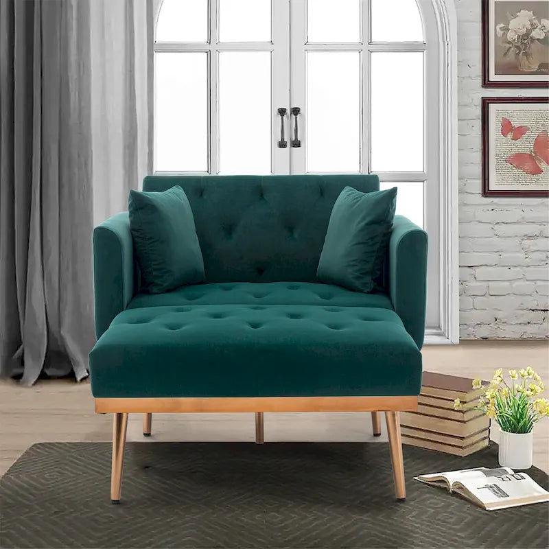 Gepolsterter Samt-Chaiselongue-Sessel mit Rautensteppung und roségoldenen Metallbeinen