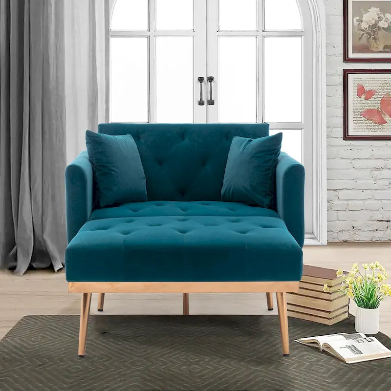 Gepolsterter Samt-Chaiselongue-Sessel mit Rautensteppung und roségoldenen Metallbeinen