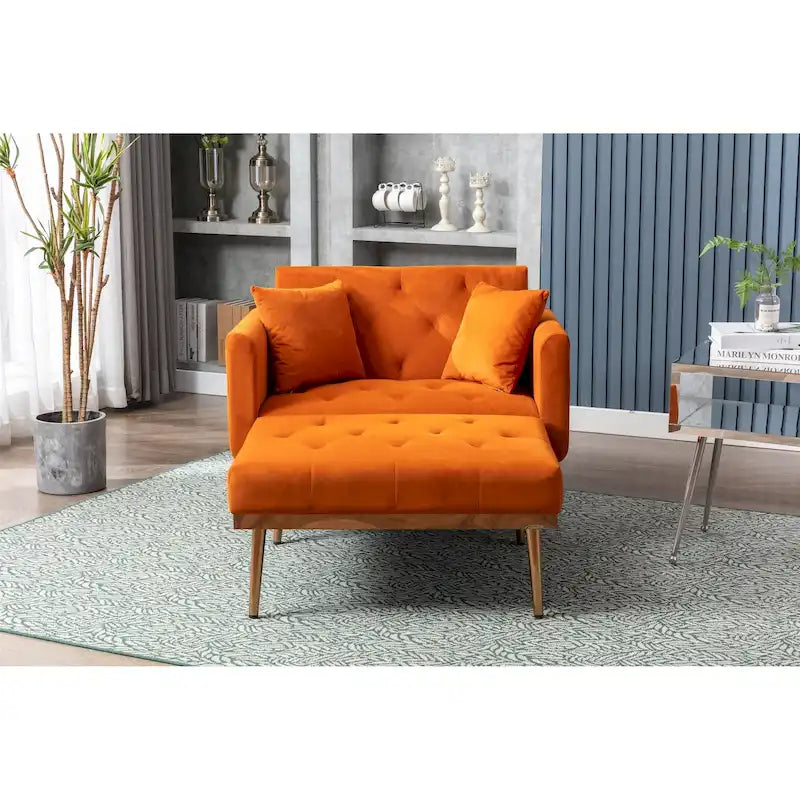 Fauteuil d’appoint méridienne capitonné en velours avec pieds en métal or rose