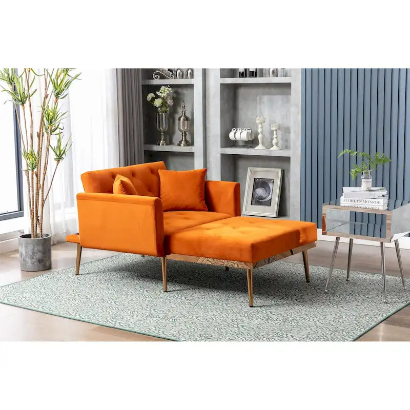Fauteuil d’appoint méridienne capitonné en velours avec pieds en métal or rose