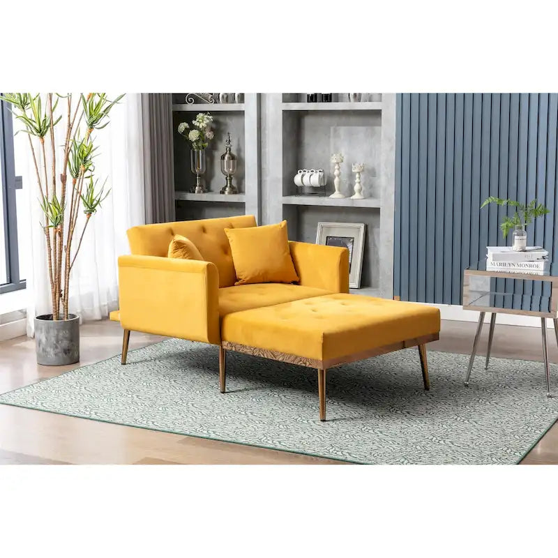 Fauteuil d’appoint méridienne capitonné en velours avec pieds en métal or rose