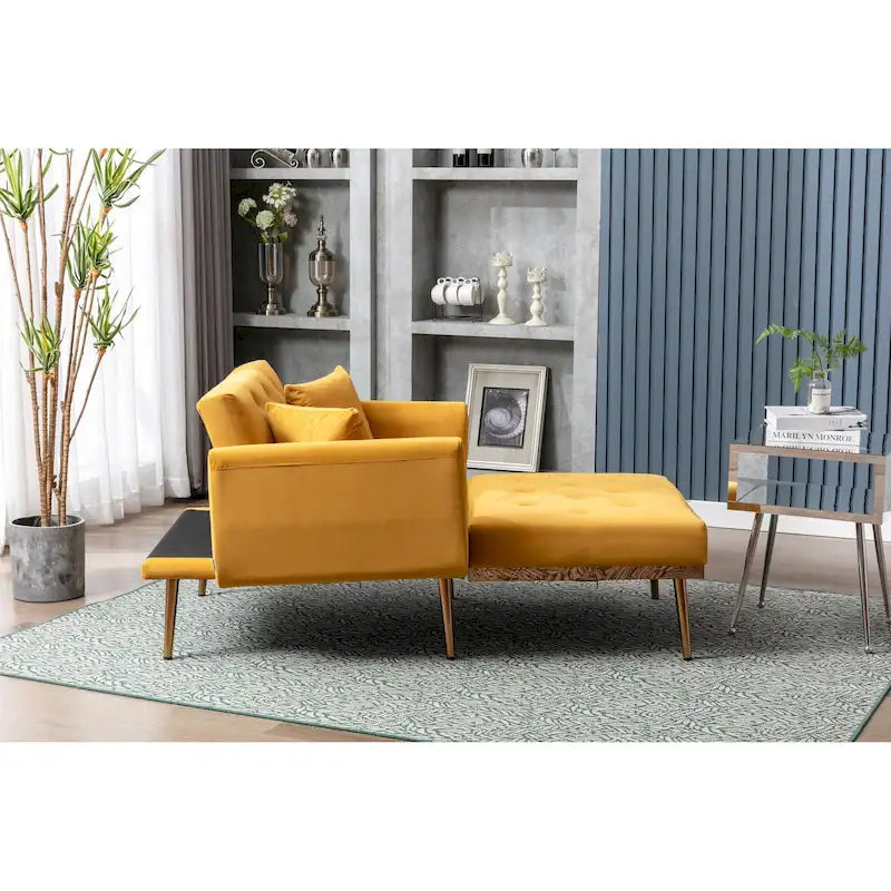 Fauteuil d’appoint méridienne capitonné en velours avec pieds en métal or rose