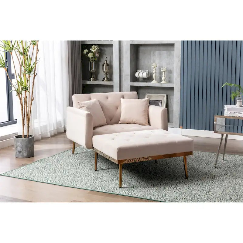 Fauteuil d’appoint méridienne capitonné en velours avec pieds en métal or rose