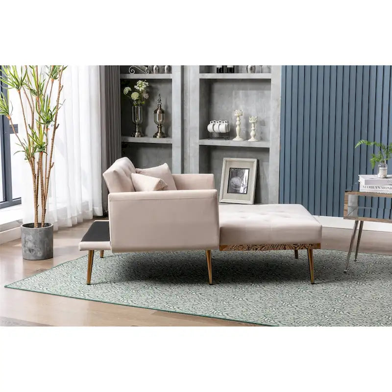 Fauteuil d’appoint méridienne capitonné en velours avec pieds en métal or rose