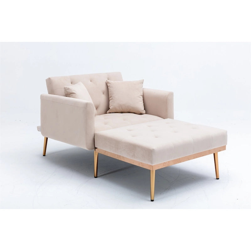 Fauteuil d’appoint méridienne capitonné en velours avec pieds en métal or rose