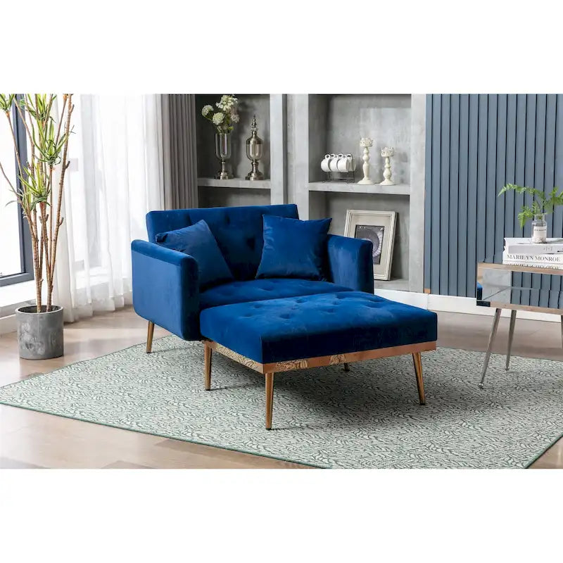 Fauteuil d’appoint méridienne capitonné en velours avec pieds en métal or rose