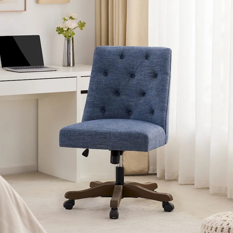 Linen Fabric Upholstered Swivel Office Chair with Wheels and Adjustable Height