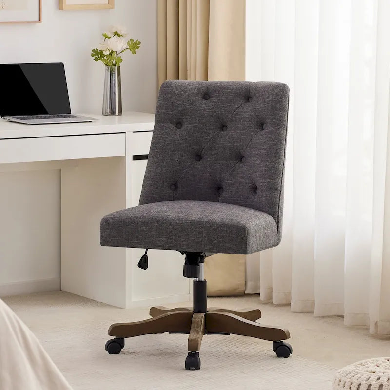 Linen Fabric Upholstered Swivel Office Chair with Wheels and Adjustable Height