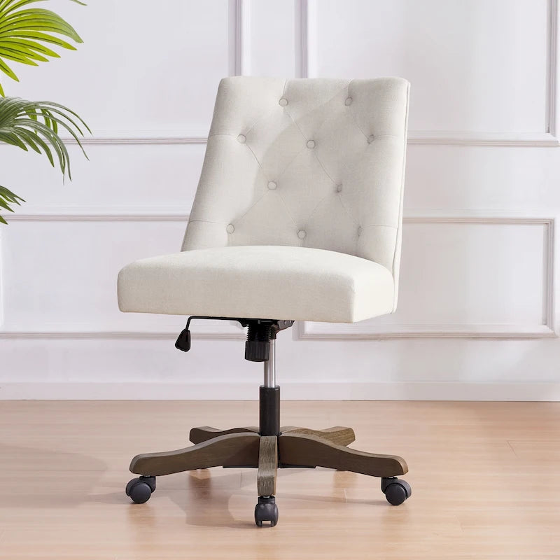 Silla de oficina giratoria tapizada en tela de lino, con ruedas y altura ajustable