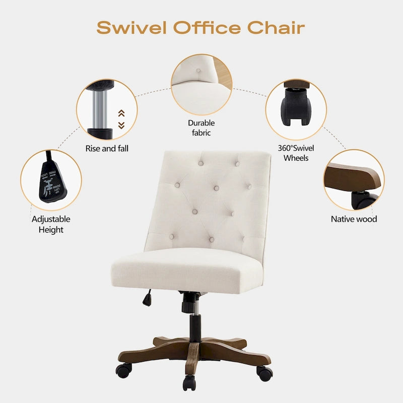 Silla de oficina giratoria tapizada en tela de lino, con ruedas y altura ajustable